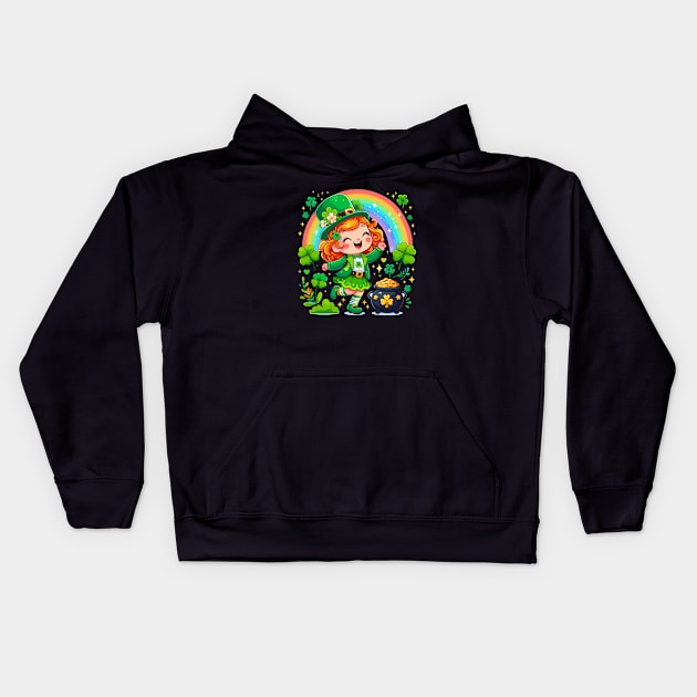 A cute Irish Lassie dancing an Irish jig celebrates St Patrick's Day with a rainbow a pot of gold and shamrocks Irish Pride Irish American four leaf clovers Kids Hoodie by Tees 4 Thee